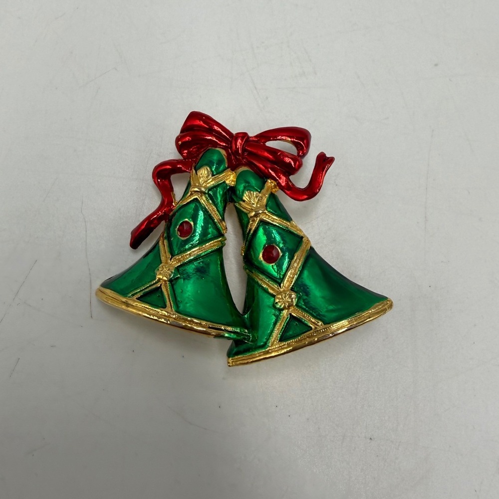SFJ Vintage Christmas Bells Brooch Green Enamel Red Bow Gold Tone Holiday Pin